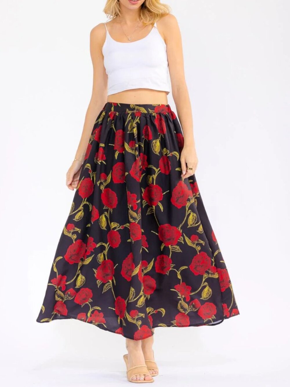 Red Black Floral Midi Skirt Elastic Waist S M L‎ XL